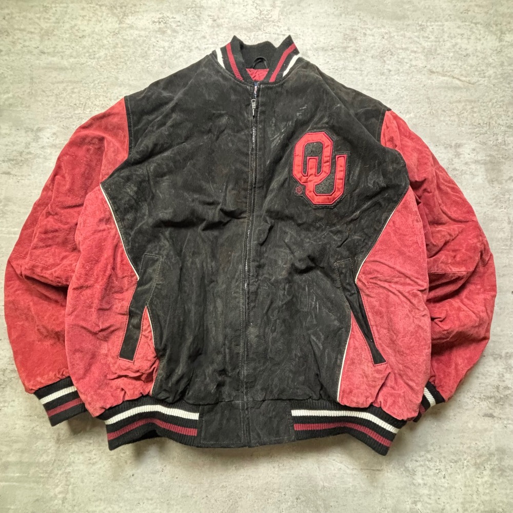 G-III Oklahoma Sooners Varsity Jacket Large Black Red Vintage Suede OU Bomber